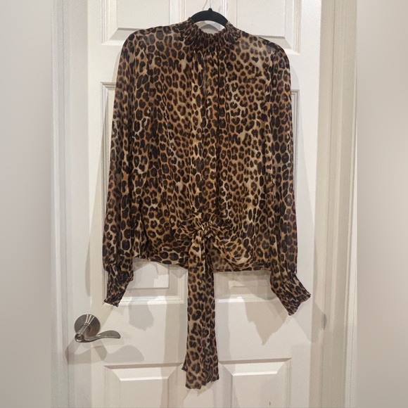 Express Tops - Express Brown and Black Leopard Print Blouse with Tie Front